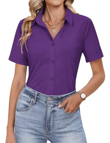 HOTOUCH Purple Button Up Shirt Women Short Sleeve Button Down Business Work Blouse Office Basic 2026 Summer Tops L