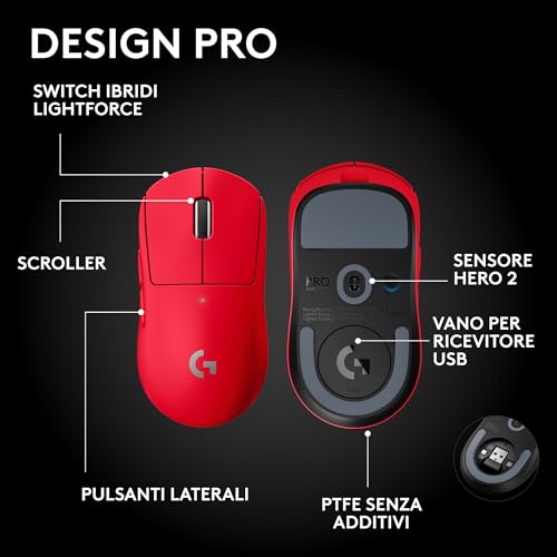 PRO X SUPERLIGHT 2 SE mouse gaming wireless, mouse Pro-Grade da 60 g con 5 pulsanti programmabili, sensore a 44.000 DPI, >888 IPS, velocità di aggiornamento 1 kHz, USB-C, PC/Mac - Rosso - Mouse gaming - Immagine 5