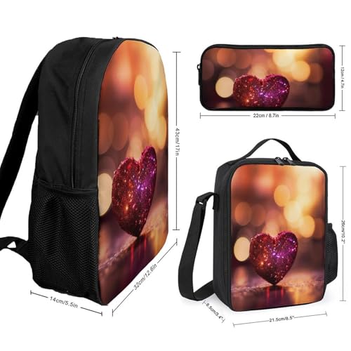 3 Piece Backpack for Women Men Lightweight Causal Daypack Shoulder Bag Set with Insulated Lunch Bag And Pencil Case Organizers Shining Heart2