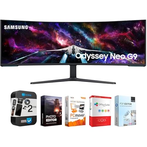 Samsung 57" Odyssey Neo G9 Dual 4K UHD Quantum Mini-LED Curved Gaming Monitor Bundle with Tech Smart USA Elite Suite 18 Standard Editing Software Bundle + 2 Year CPS Enhanced Protection Pack