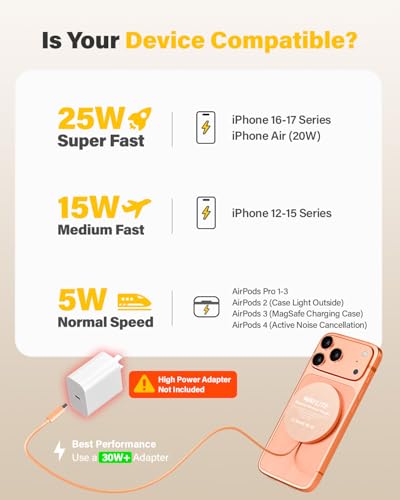 Image of 25W Wireless Charger for MagSafe, Magnetic Fast Charging Pad for iPhone 17 /16 /15 /14 /13 /12 Series & AirPods, Strong Magnet, Thin & Portable Wireless Charger for Travel Home Office (Orange, 2Pack)