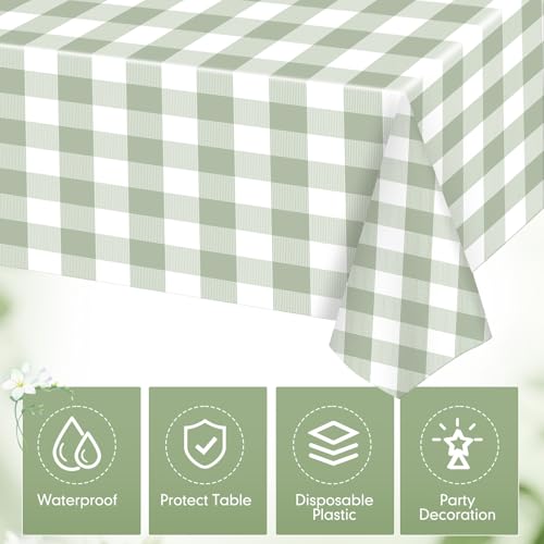 Image of Ganeen 3 Pcs Green and White Checkered Tablecloths Disposable Plastic Gingham Table Cloths Waterproof Rectangle Plaid Table Cover for Christmas Wedding Picnic Birthday Party Decor, 54 x 108 Inch