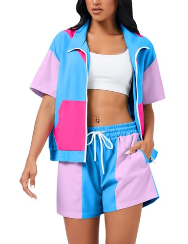 ZDT Womens Color Block 80s 90s Outfit 2 Piece Short Sleeve Costume Zip Up Windbreaker Track Suits Set Blue S