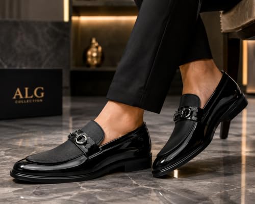 Image of Men's Formal Dual-Texture Loafer, Slip-On Dress Shoe, Patent and Matte Finish, Metallic Bit Detail, for Black-Tie Events and Festive Occasions