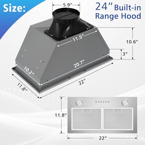 ONEEON 24" Range Hood Insert, 500CFM Stainless Steel Built-in Kitchen Vent, 4-Speed Exhaust Fan, Dishwasher-Safe Baffle Filters, LED Lights & 3-Min Delayed Shutdown.