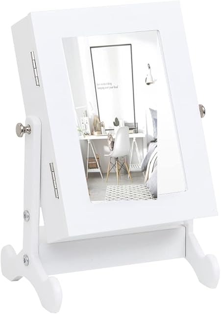 Desktop Mirror Jewelry Cabinet Organizer, Small Adjustable Jewelry Stand, White Portable Countertop Organizer for Storage Rings, Earrings, Bracelets