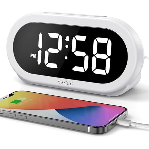 uscce Small Digital Clock for Bedroom: 6 Dimmable Brightness 4 Alarm Volume - Plug in Clock with Easy Operation for Bedside Desk White