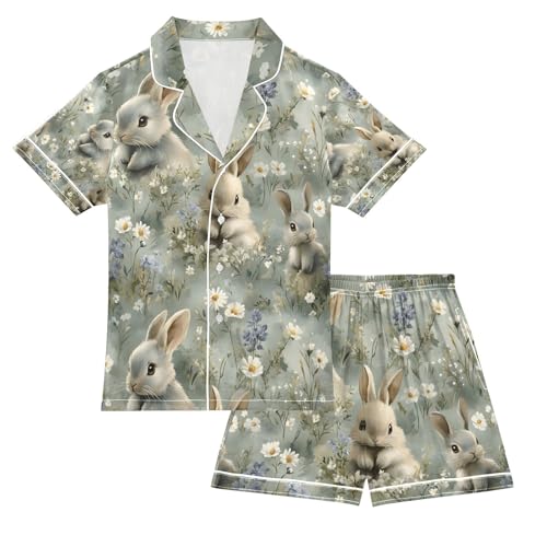 senya Watercolor Bunnies Rabbits1 Satin Summer Pajama Sets Silk Short Sleeve Button Down Sleepwear