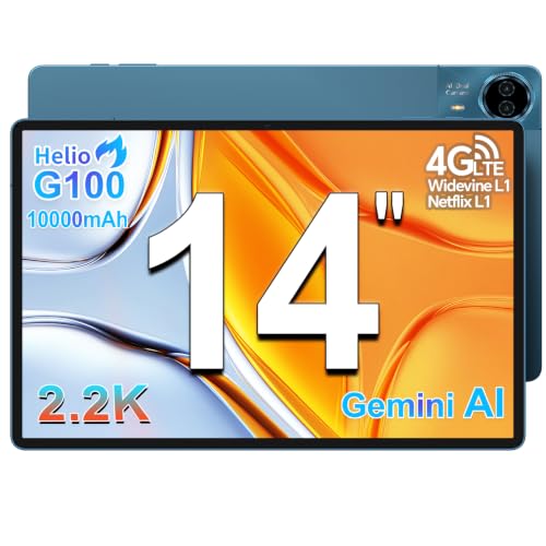 TECLAST T70 Tablet 14 Zoll 2.2K Gaming Tablets, Helio G100 2.2GHz Octa-Core, 10000mAh/18W PD, 20GB RAM+128GB(8TB TF), 4G LTE Dual SIM, 2240x1400/Widevine L1/GPS/13MP/Gemini AI Android Tablet