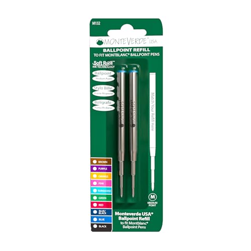 Monteverde USA Soft Ballpoint Refills to Fit Montblanc Pens, Medium Point Turquoise Ink, Vibrant and Precise Writing, 2-Pack