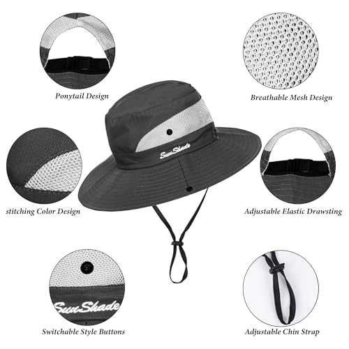 Image of Sun Hat for Women Summer UV Protection Beach Hat Wide Brim Mesh Bucket Fishing Hat with Ponytail Hole Foldable Packable Hat
