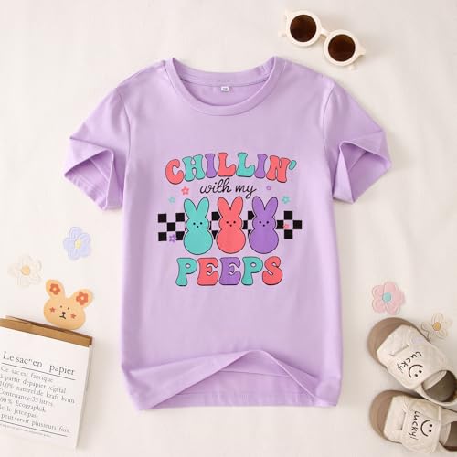 Image of Girls Easter Bunny Shirts Chillin with My Peeps Letter Print T-Shirt Cute Rabbit Short Sleeve Tee Tops