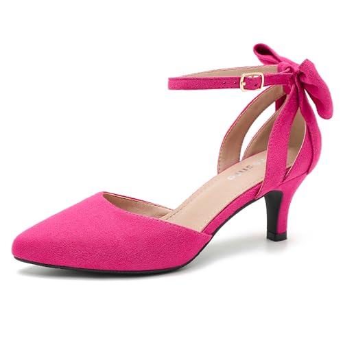 Image of fereshte Women's Wedding Evening Party Bow Kitten Heels Pumps Ankle Strap Buckle Dress Shoes, Hot Pink, 5 UK