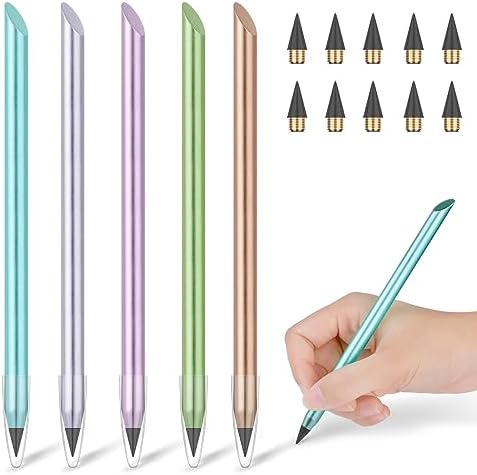 AUAUY 2 PCS Metal Inkless Pencil, Infinity Pencil, Reusable Everlasting Pencil, Replaceable Nib Pencil with 2 Replaceable Nib for Writing Drawing Students Home Office School SuppliesBlack