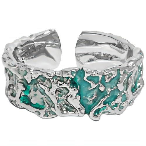 NicoWerk SRI973 Bague en argent sterling 925 turquoise pour femme - Large bague texturée à motifs brillants - Mosaïque émaillée ouverte