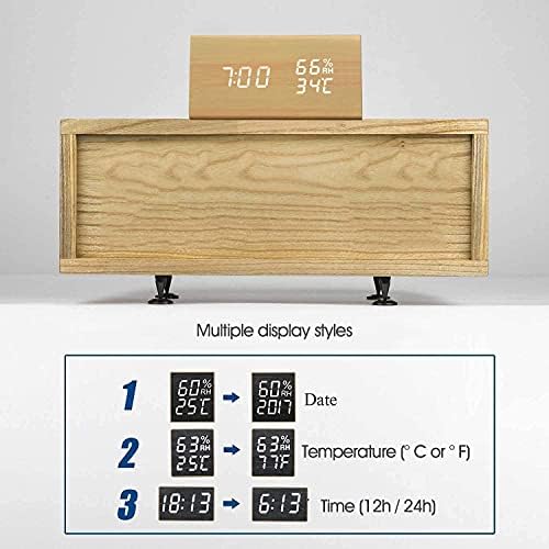 VABOO Wooden Digital Alarm Clocks,LED Wood Digital Alarm Table Clock, 12 / 24Hours, Date, Temperature,Voice & Touch Activated Multi-Function LED Clock Bedside Alarm Clock for Bedrooms Office Bedside