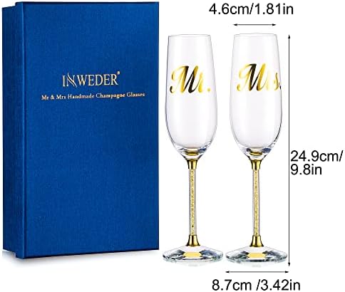Inweder Champagne Flutes glasses Crystal - Set of 2 Gold Personalised Champagne Glass with Gift Box Mr & Mrs Champagne Flute Gift Set for Wedding Birthday Engagement Anniversary Bridesmaid Bride Groom