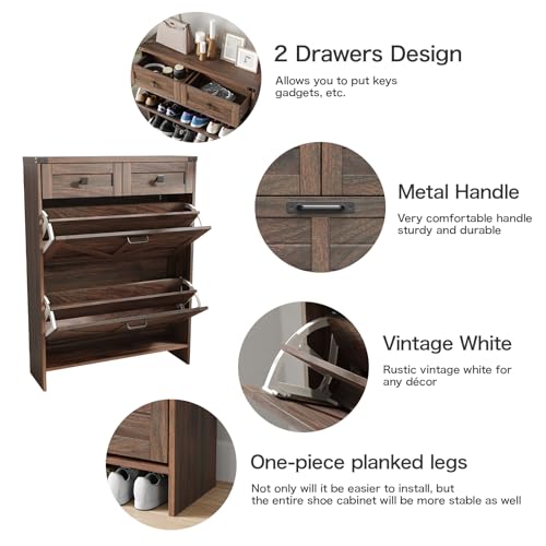 Halitaa Shoe Cabinet with 2 Flip Drawers & 2 Drawers,Farmhouse Shoe Storage Cabinet for Entryway,Slim Freestanding Narrow Organizer Rack for Front Door Entrance,Dark Walnut - Thumbnail 3