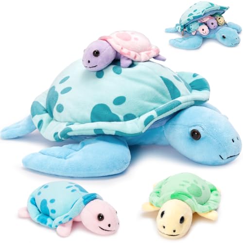 Sea turtle plush family set, blue mama with 3 babies