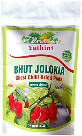 Yathini Bhut Jolokia Whole Chilli Pods 29gram/1oz (20+ Pieces in Count) Oven Dried World's Hottest Chili from Assam Ghost Chili Manipur King Chilli