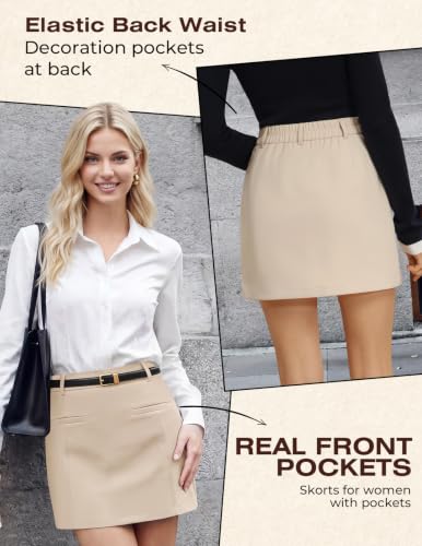 Women Fall Mini Pencil Skirt with Shorts, Khaki High Waisted Skorts Pockets — view 4