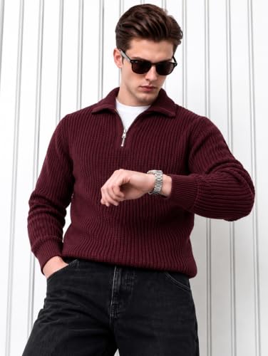Image of Kvetoo Mens Woolen Sweater for Man Winter Quarter Zipper Knit Sweater Full Sleeve Office Wear Pullover