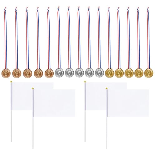 15 Medaglie E 4 Bandiere Sventolate A Mano, Medaglie Di Plastica, Medaglie Di Giocattoli Per Bambini, Medaglie Per Riunioni Sportive, Decorazioni Per Riunioni Sportive, Bandiere In Poliestere