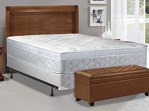 Spinal Solution Medium Plush Foam Encased Eurotop Pillowtop Innerspring Mattress and 8" Wood Traditional Box Spring/Foundation Set with Frame, Full Size, white