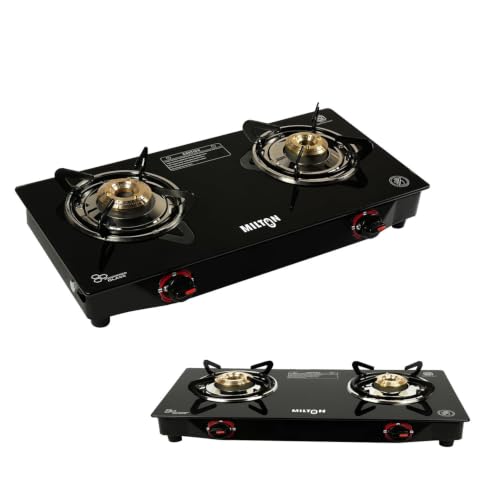 MILTON Premium 2 Burner Black Manual Ignition Glass Top Gas Stove, (ISI Certified)