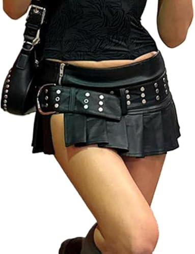 Image of Black Leather Mini Skirts for Women Sexy Studded Belt Pleated e-Girl Low Waist Short Skir (L)