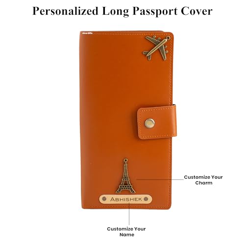 Image of AICA Personalized Name & Charm Long Leather Wallet Passport Cover (Tan Brown) with Boarding Pass Holding Currency Card Slot & Coin Holder for Men & Women | Birthday Travel Gifts for Friends Family