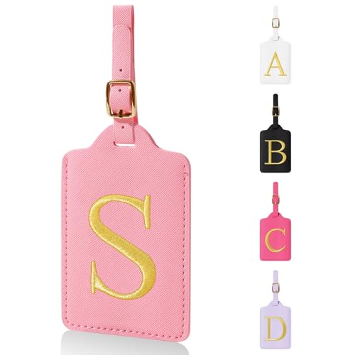 Personalized Initial Luggage Tags for Suitcases,Leather Letter Cute Luggage Tags with Privacy Name Card,Embroidered Monogrammed Travel Bag Backpack Tag Gifts for Women Kids Girls Teens(Pink-S)