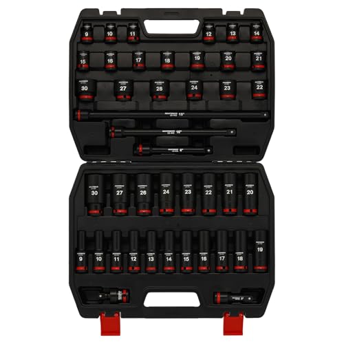 MIXPOWER 43-Piece 1/2" Drive Deep and Shallow Impact Socket Set, 6 Point, Metric Sizes 9-30mm, Impact Universal Joint, Extension Bars: 3",6",10",15", CR-MO Steel Mechanic Socket Set