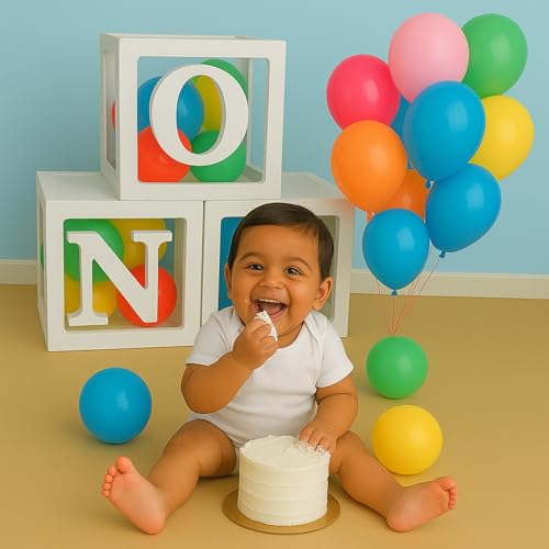Image of One Balloon Box for 1st Birthday Decoration Baby Boys Girls Kids Twins Year Transparent Plain Letter Balloon 3 Pcs White Box Glue Dots Arrangement Set Items Kit