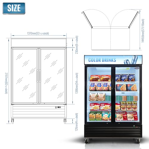 Image of mikibama Glass Door Merchandiser Freezer, 44.7 Cu.ft Swing Door Commercial Reach-In Display Refrigerator with LED Top Panel Upright Freeze Storage, Double Cabinet, Black
