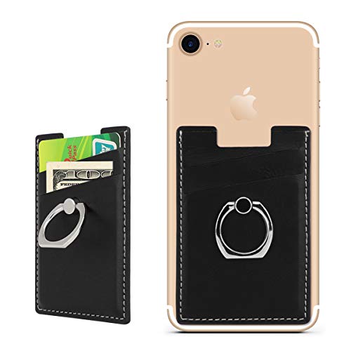BIBERCAS Phone Card Holder with Ring Grip Stand,Adhesive Stick-on Wallet Credit Card Holder for Back of Phone,Leather Card Wallet Pocket Work with Magnetic Car Mount Holder (Black)