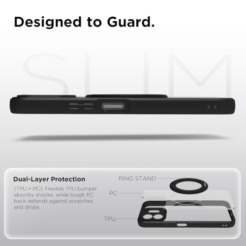 Image of RIGGEAR Shockproof Sleek Hybrid Armor 360 Rotating Magnetic Ring Stand Back Cover Case Compatible with MagSafe Accessories for OnePlus N6 5G (Clear PC + Black TPU Bumper)