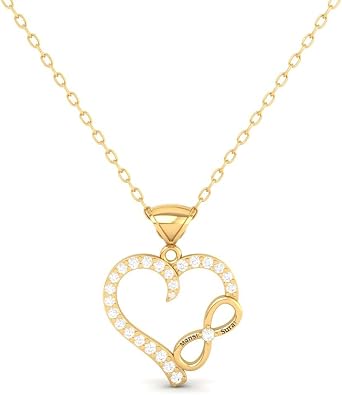 Personalized Heart Infinity Necklace, Yellow Gold Plated Chain, Crystal Pendant