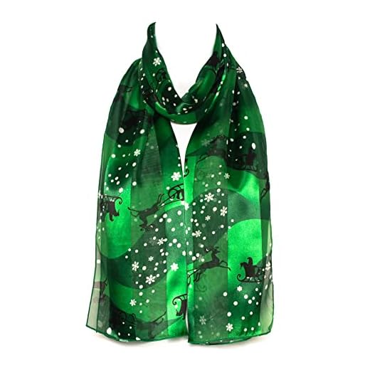 Hat To Socks Christmas Snowflakes Print Premium Chiffon Satin Scarf for Women - Korean Made Lightweight Sheer Fashion Wrap, Soft Elegant Shawl (Green)
