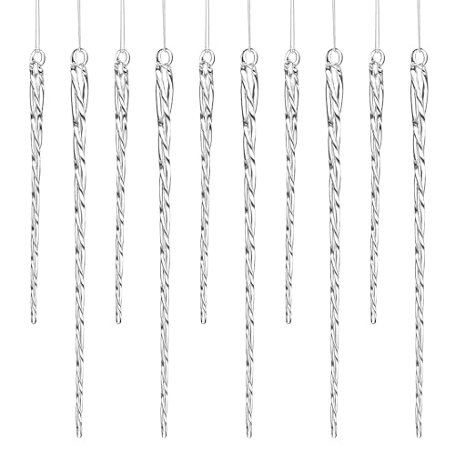 24 Pc Glass Christmas Icicles Ornaments – Set of 12x 4-Inch & 12x 6-Inch Clear Twisted Glass Icicle Decorations for Christmas Tree, Winter Wedding, Holiday Décor (12pc 4