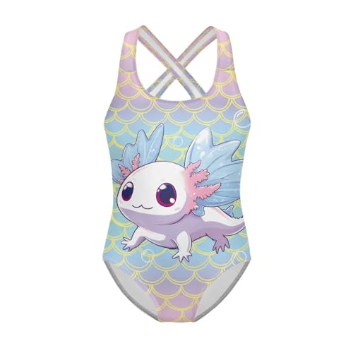 TOADDITDO Cute Axolotl One Piece Bathing Suit for Girls Sleeveless Crewneck Swimsuit with Cross Shoulder Strap