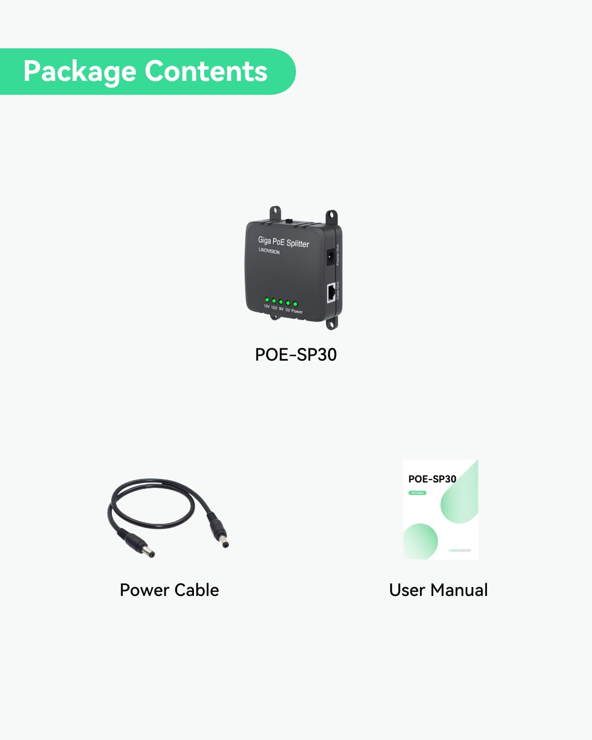 LINOVISION 30W Gigabit PoE Splitter con uscita DC 5/9/12/18V, ingresso ad ampia tensione, IEEE802.3af/at POE con alimentazione DC per telecamere di sicurezza, sistemi di controllo degli accessi