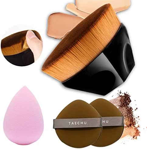 TAECHU Foundation Brush Set, Flat Top Kabuki Foundation Makeup Brush Makeup Sponge Powder Puff for Blending Liquid, Cream or Flawless Powder Cosmetics with Protective Case, Wet And Dry Makeup Tool