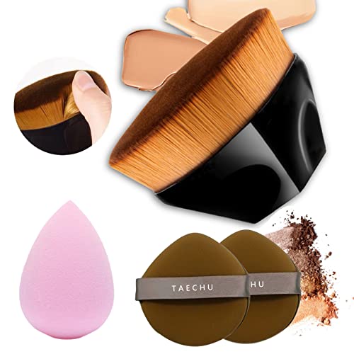 Taechu Foundation Brush Set, Flat Top Kabuki Foundation Makeup Brush Makeup Sponge Powder Puff For Blending Liquid, Cream Or Flawless Powder Cosmetics With Protective Case, Wet And Dry Makeup Tool #TOP2