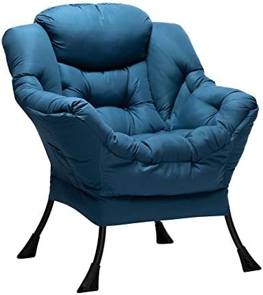 HollyHOME Modern Cotton Fabric Lazy Chair, Accent Contemporary Lounge Chair, Single Steel Frame Leisure Sofa Chair with Armrests and A Side Pocket, Thick Padded Back, Navy Blue