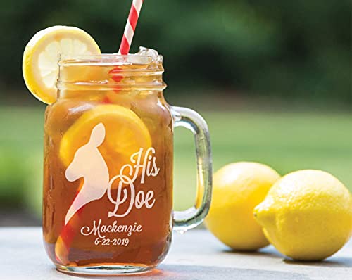 Her Buck His Doe Set Of 2 Personalized Mason Jars Rustic Custom Etched For Wedding, Engagement Anniversary Bridal Party Gift Of Favor For Newlyweds Couple Gift Idea Barn Wedding Hunting Theme #TOP3