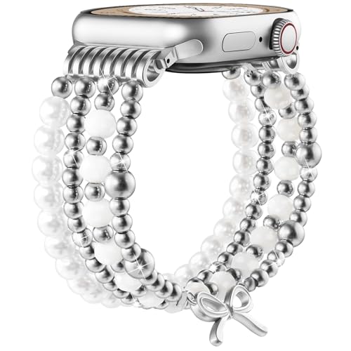AIRSPO Gold Beaded Bracelets Compatible for Apple Watch Band 38mm 40mm 41mm 42mm Women, Fashion Handmade Dressy iPhone Watch Bands Stainless Steel Beads Elastic Strap for iWatch Series 11 10 9 SE 8 7 6 5 4 3 2 1 Ribbon knot-Silver by AIRSPO - Used condition - Image 7