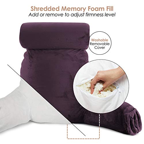 Image of Nestl Reading Pillow with Shredded Memory Foam Includes 2 Neck and Lumber Support Pillows, Designed for Sitting Up in Bed and Couch, Back and Arms Adjustable Support for Adult & Teens, Purple