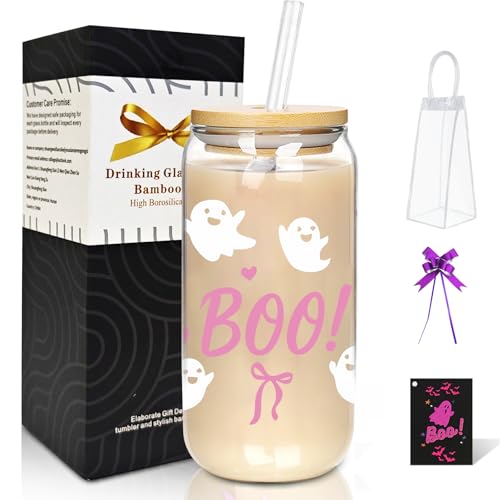 Mason Life Halloween Mug, Halloween Boo Gifts, Cute Iced Coffee Cup Ghost Cup Matcha Glass Tumbler with Straw and Lid Matcha Glass, Gift for Women Girls Friends