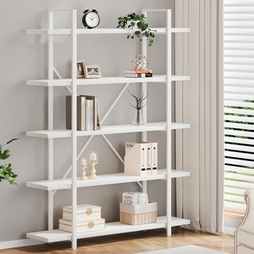 HSH 5 Tier Tall White Bookshelf, Metal and Wood Storage Book Shel...